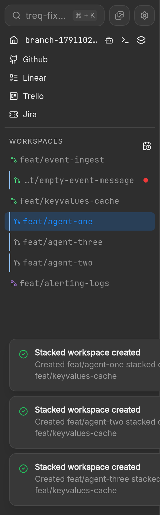 Sidebar after three new agent workspaces appear